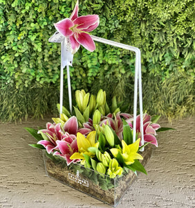 Lilies in an Acrylic Basket